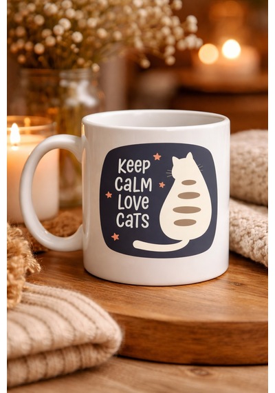 Keep Calm Love Cats Kedi Temalı Porselen Kupa Model 56 Sevimli Tasarım , Kahve & Çay Kupası Diğer