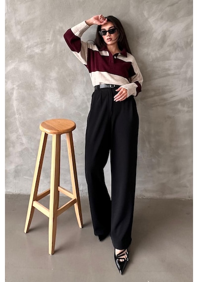 Madmext Siyah Çift Pileli Kemerli Pantolon Mg2330 Siyah