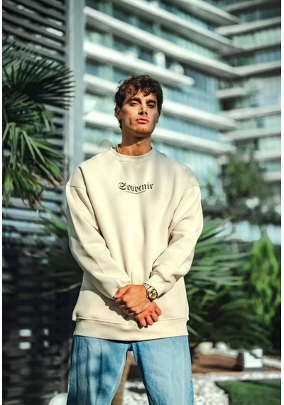 Oversize Bisiklet Yaka Baskılı Sweatshirt - Beyaz 001