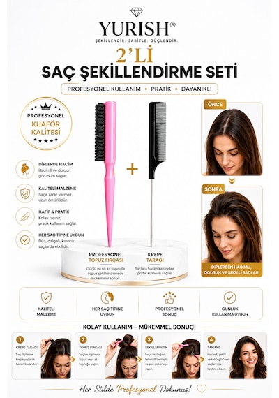 Profesyonel Topuz Fırçası Ve Krepe Şiş Tarak 001