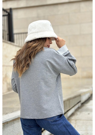 WeShaya Kadın Gri Uzun Kol, Duble Manşet, Yırtmaçlı Yaka, Salaş Sweatshirt Bluz Gri