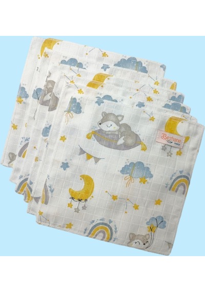 Pamuk Muslin Kumaş Bebek Ağız Mendili Bulut Ay Desen 25x25cm Çok Renkli
