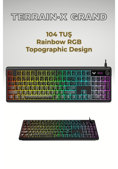 Terrain-x Grand Oyuncu Klavyesi 104 Tuş - Topografik Tasarım - Ses Kontrol Tekerleği - Rainbow