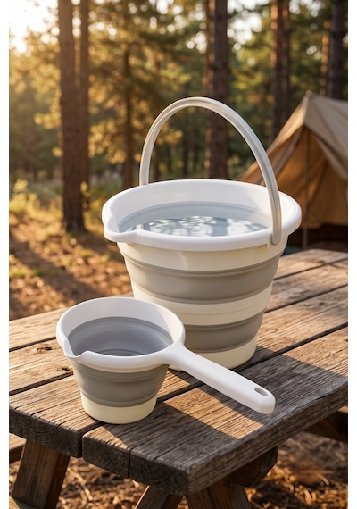 Katlanır Silikon Kova Ve Maşrapa Seti 12 Litre Yer Kaplamayan Kamp Banyo Ev Bahçe Kovası Açık Gri
