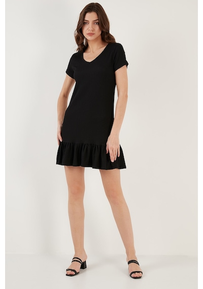 Lela Regular Fit Fırfırlı V Yaka Bürümcük Mini Bayan Elbise 5865071 Siyah