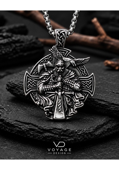 Paslanmaz Çelik Viking Savaşçısı Odin Kuzgun Figürlü Kelt Haçı Viking Erkek Kolye Antik Gümüş
