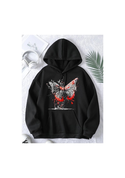 Tarzsokak Unisex Erkek/kadın Kelebek Renkli Özel Baskılı Oversize Kapüşonlu Sweatshirt Siyah