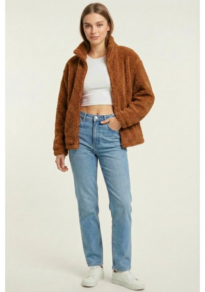 Kadın Peluş Tam Fermuarlı Cepli Sherpa Kuzu Kumaş Oversize Peluş Polar Sweatshirt Kahverengi Kadın Peluş Tam Fermuarlı Cepli Sherpa Kuzu Kumaş Oversize Peluş Polar Sweatshirt Kahverengi