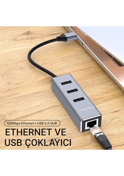 Veggieg Usb 2.0 To 100mbps Ethernet Çevirici Ve 3 Portlu Usb Hub Çoklayıcı