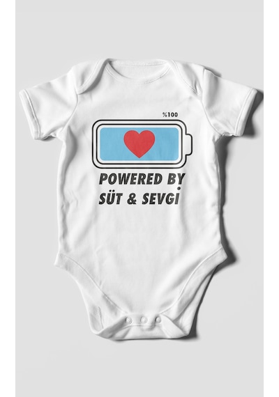 Powered By Süt Ve Sevgi Baskılı Bebek Zıbını Çıtçıtlı Body 8 Renk %100 Pamuk Kısa Kol Beyaz