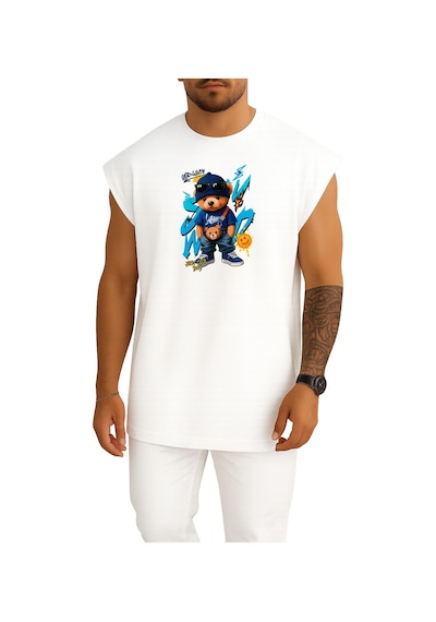 Bahriyeli Collection Oversize Teddy Bear Just Cool Boy Göğüs Baskılı Atlet Beyaz