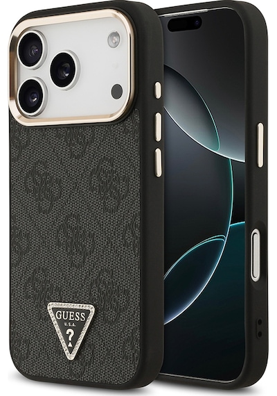 Apple Uyumlu iPhone 17 Pro Kılıf Guess Lisanslı M-safeli Gold Kamera Çerçeveli Taşlı Üçgen Logo 4g Desenli Siyah Siyah