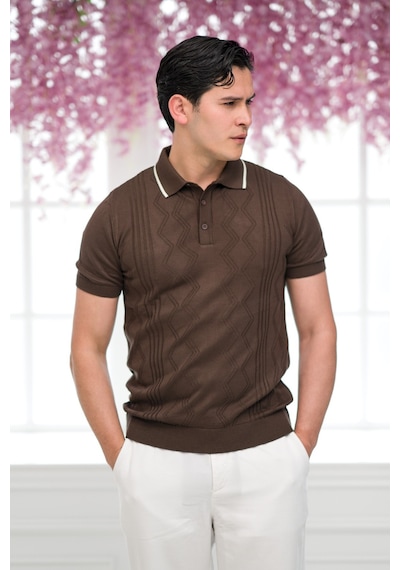 Advante Slimfit Kolları Lastikli Likralı Desenli Polo Yaka Triko T-shirt Kahverengi