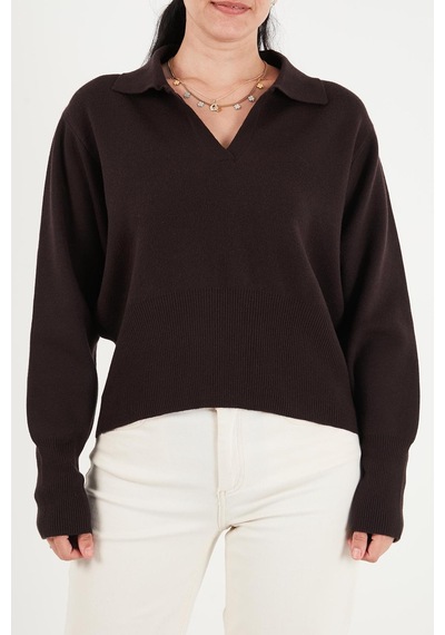 Lela Yumuşak Dokulu Regular Fit Polo Yaka Kazak Kadın Kazak 680kz00163 Kahve
