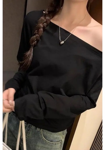 Siyah Kadın Düşük Omuz Kayık Yaka Oversize Uzun Kollu T-shirt Siyah