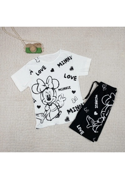 Momikon Kız Çocuk Minnie Mouse Baskılı Pamuklu Yazlık Takım Beyaz