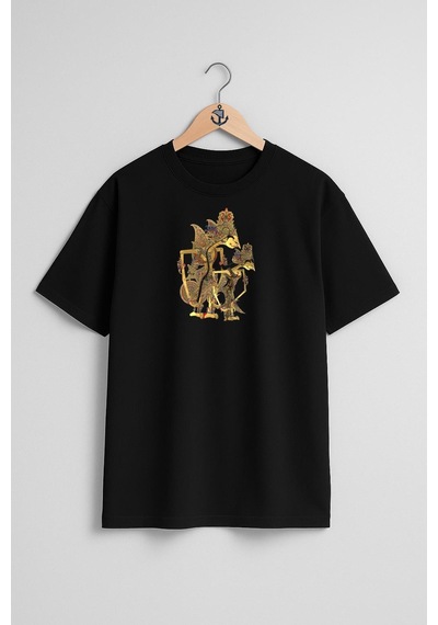 Bahriyeli Collection Oversize Java Wayang Gölge Oyun Ramayana Göğüs Tasarımlı Unisex T-shirt Siyah