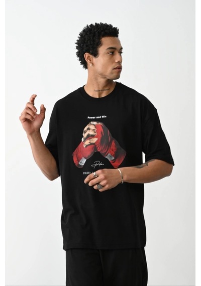 Barlashive Erkek Boxy Eldiven Baskılı T-shirt Kısa Kol Bisiklet Yaka Tişört - Siyah Çok Renkli