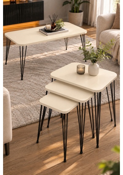 Sulorahome Siyah Tel Ayaklı Krem Rengi 4'lü Sehpa Seti