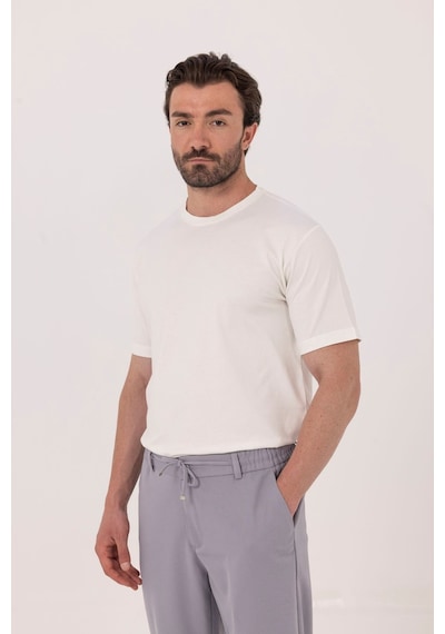 Sabri Özel Ekru %100 Pamuk Bisiklet Yaka Düz Renk Basic T-shirt