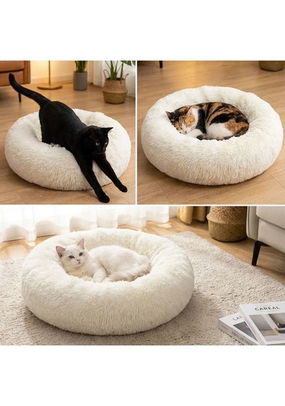 Go İthalat Yuvarlak Ultra Yumuşak Welsoft Peluş Kedi Ve Köpek Yatağı Kaymaz Taban Tüylü Pet Pufu,u