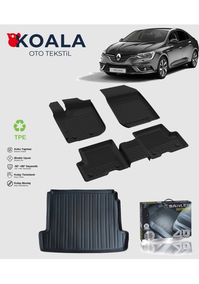 Renault Megane 4 Sedan Çift Kulaklı 2016-2022 Uyumlu Sahler Paspas + Bagaj Havuz Seti