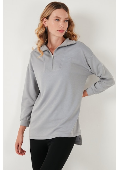 Lela Regular Fit Fermuarlı Yaka Önü Kısa Arkası Uzun Bayan Sweat 5865876 Gri