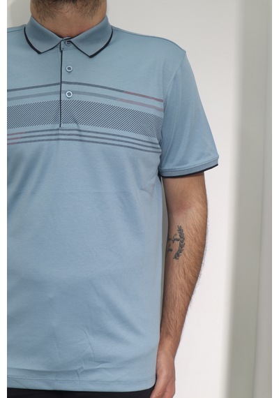 Santa Dmctekstil Erkek Desenli Spor Kesim Rahat Kalıp Cepsiz Polo Yaka T-shirt Mavi 