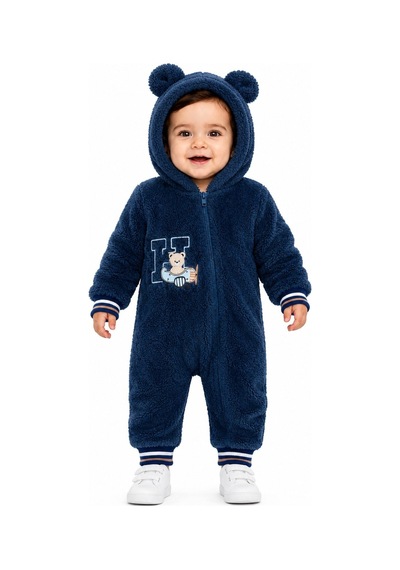Chicsy Baby Tatlı Pilot Ayıcık Nakışlı Bebek Welsoft Tulum Kapüşonlu Kulaklı Fermuarlı Kışlık Peluş Tulum Lacivert