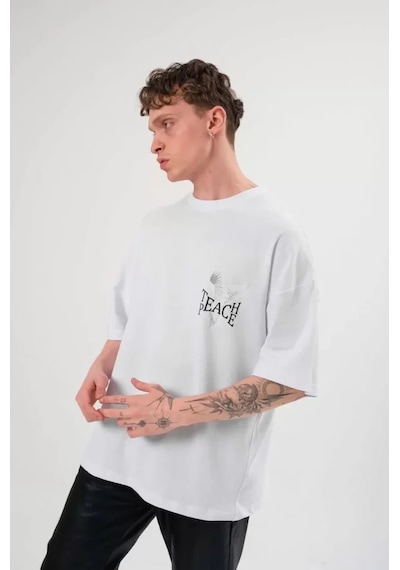 Suma Beyaz Unisex Oversize Bisiklet Yaka Baskılı T-shirt - Xl