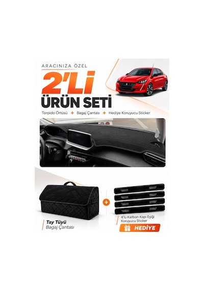 E-biz Peugeot 208 2020-2024 Uyumlu Torpido Örtüsü + Tay Tüyü Bagaj Çantası Seti - Siyah - Pe006