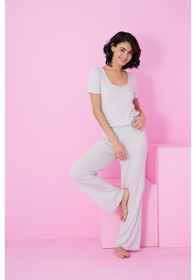 Siyah İnci Soft Touch İnce Mevsimlik Örme Pijama Takım7869 Gri
