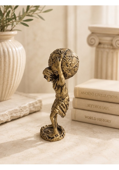 Atlas Heykeli 14 Cm Antik Gold Dekoratif Biblo Mitolojik Ev Dekorasyonu & Masa Üstü Aksesuar
