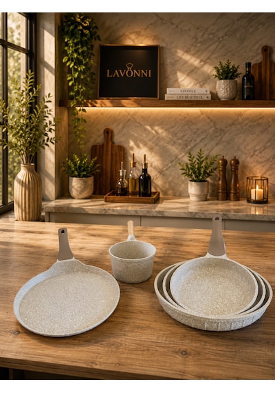 Terra Daily Set 5 Parça Döküm Granit Tava Seti 20-24-28 Cm Tava 26 Cm Krep Tava 14 Cm Sosluk Cappuccino Yapışmaz Yüzey Kahverengi