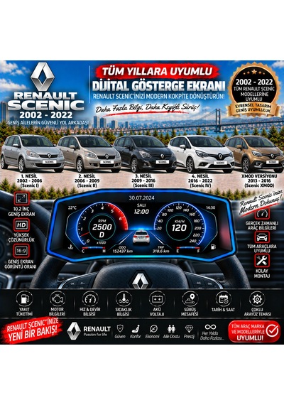 Renault Scenic 2002-2022 Uyumlu Digital Gösterge Odb Ekran Arıza Göstergesi Turbo Gösterge Hayalet Ekran