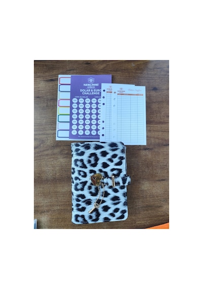 Bütçe Planlayıcı Para Organizeri - Gri Leopar Desenli Sticker Hediyeli