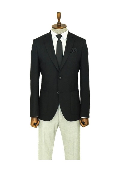 Wessi Kendinden Desenli Slim Fit Sivri Yaka Siyah Erkek Ceket 001