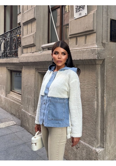 Esra Butik78 Kadın %100 Pamuk Kapüşonlu Çıtçıtlı Denim Detaylı Peluş Ceket Oversize Günlük Mont Beyaz Esra Butik78 Kadın %100 Pamuk Kapüşonlu Çıtçıtlı Denim Detaylı Peluş Ceket Oversize Günlük Mont Beyaz