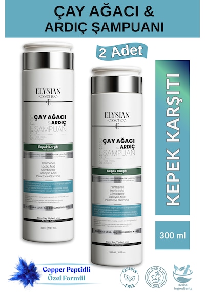 Elysian Essence Çay Ağacı & Ardıç Şampuanı 2 Adet Copper Peptidli Kepek Karşıtı Saç Bakımı 300 Ml Tüm Saç Tipleri