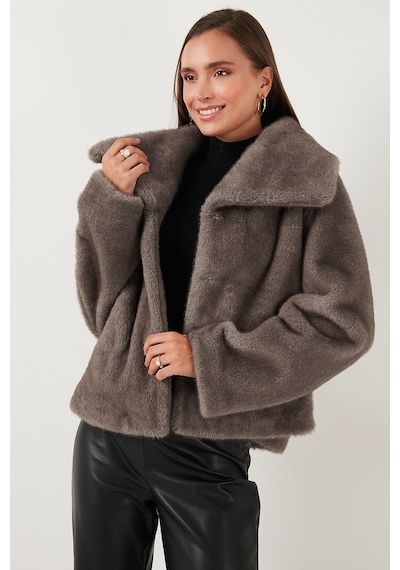 Lela Oversize Fit Geniş Yaka Astarlı Bayan Kürk 497Afra Gri