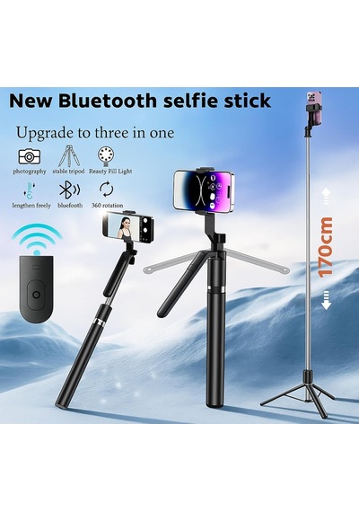 R16s 170cm Selfie Stick, Led Işıklı, Bluetooth Uzaktan Kumandalı, 360 Derece Rotasyonlu, Tripod Özçekim Çubuğu, Diğer