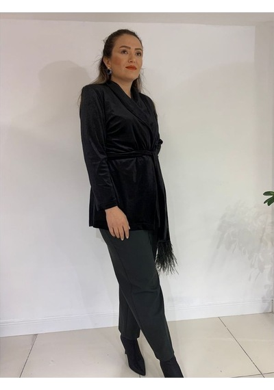 Büyük Beden Uzun Kollu Siyah Kadife Ceket