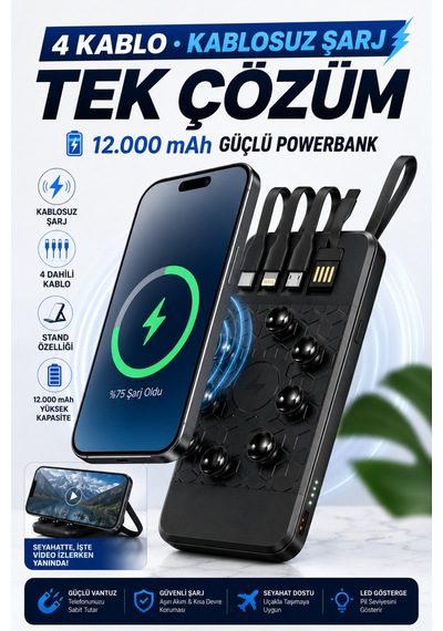 Powerbank 12.000 Mah Wireless Standlı Magsafe Li Vantuzlu Dahili Çoklu Kablo 4in1 Kablolu Ve Kablosuz Siyah - 926788051 Siyah Powerbank 12.000 Mah Wireless Standlı Magsafe Li Vantuzlu Dahili Çoklu Kablo 4in1 Kablolu Ve Kablosuz Siyah - 926788051 Siyah