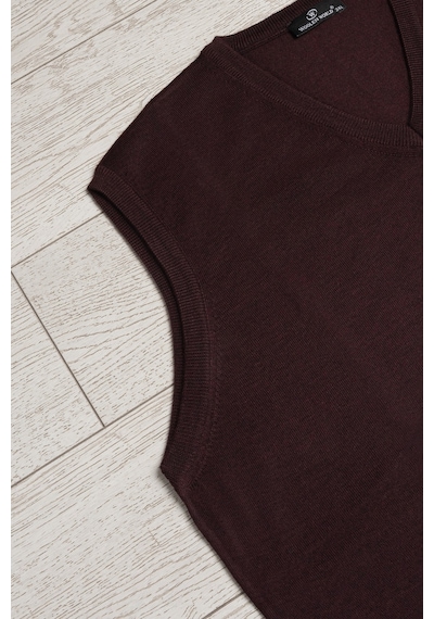 Woolen World V Yaka Battal Büyük Boy Yünlü Kolsuz Triko Süveter Bordo