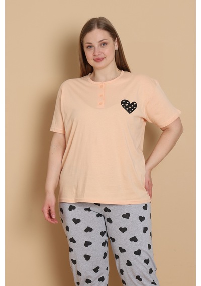 Wordex Mirano 4515 Kalpli Kısa Kollu Pamuklu Penye Büyük Beden Kadın Pijama Takımı Somon