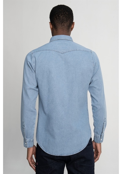 Tudors Slim Fit Çift Cep Kapaklı Parça Dikişli Denim Erkek Mavi Gömlek-26882-mavi Mavi