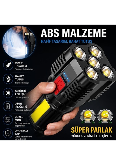 5 Led + Cob Süper Parlak Şarjlı El Feneri 14 Cm 4 Modlu, Güçlü Işık, Usb Şarjlı, Kamp, Av, Balıkçılık, Karavan, Acil Durum, Tamir, Araç, Yürüyüş Ve Outdoor Kullanımına Uygun Siyah