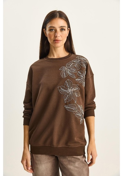 Shade Kadın Bisiklet Yaka Çiçek Boncuk İşlemeli Relaxed Sweatshirt 1572 60283809 - Kahverengi