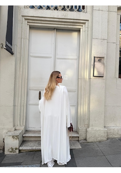 Bonacosa Kadın Viskon 3 Lü Takım Kimono + Beli Lastikli Salaş Pantolon + Crop 8 Renk Ekru