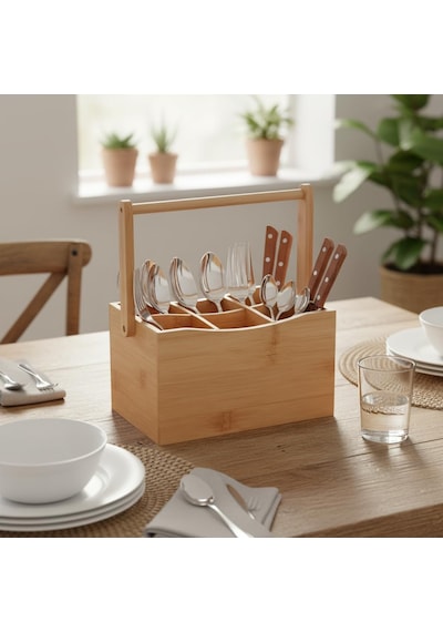 Bambu Taşıma Kulplu Çok Amaçlı Düzenleyici - 6 Bölmeli Çatal Bıçaklık Ofis, Banyo Ve Masaüstü Caddy Organizer 21.6x14x12.7 Cm Çok Renkli